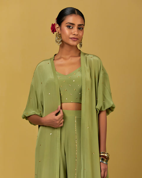 Green Hand Embroidered Crepe Palazzo