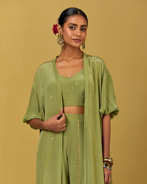 Green Hand Embroidered Crepe Crop top