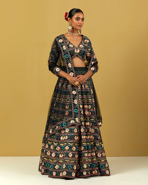 Black Hand Embroidered Suede Blouse with Lehenga and Dupatta