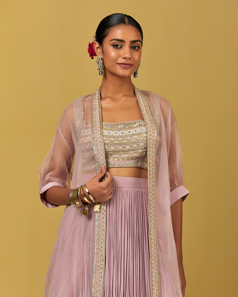 Lavender Hand Embroidered Chanderi Silk Croptop with Skirt and Cape