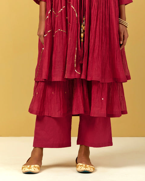 Maroon Hand Embroidered Chanderi Kurtis with Pants and Jacket