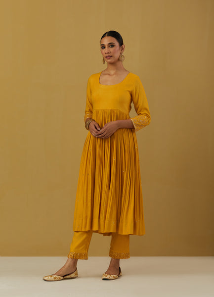 Yellow Cheese Cotton Embroidered Anarkali with Pants