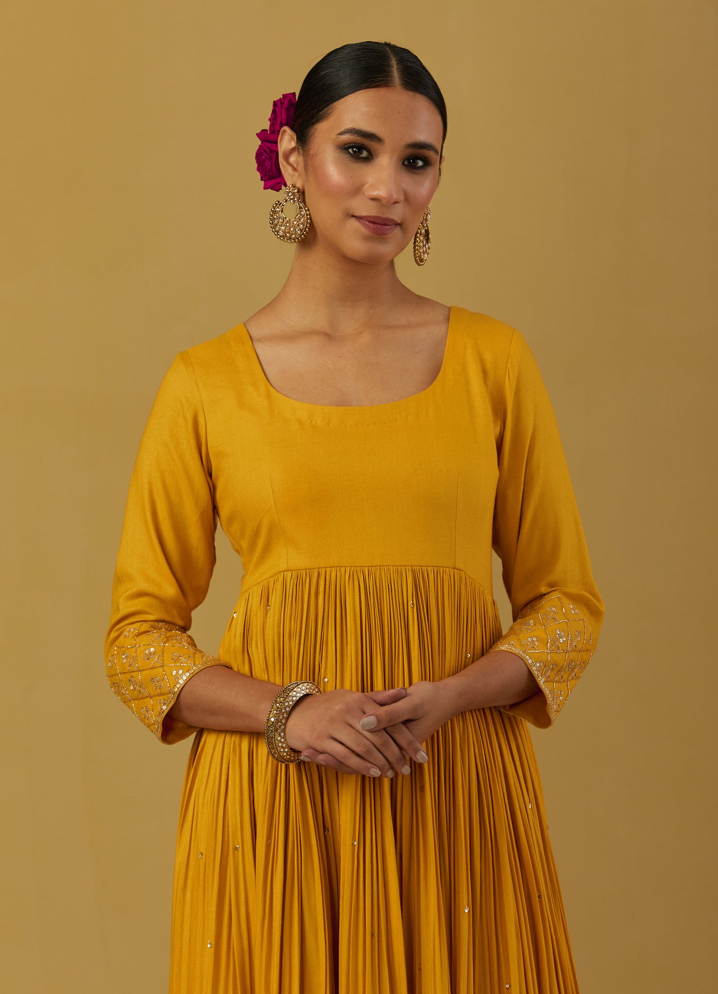 Yellow Cheese Cotton Embroidered Anarkali