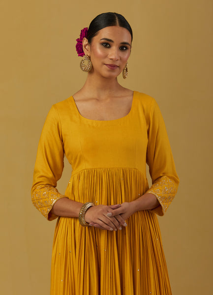 Yellow Cheese Cotton Embroidered Anarkali with Pants and Dupatta