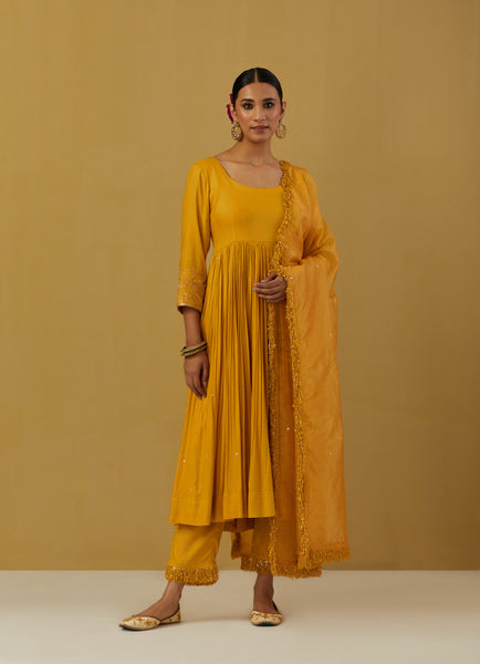 Yellow Cheese Cotton Embroidered Anarkali with Pants and Dupatta