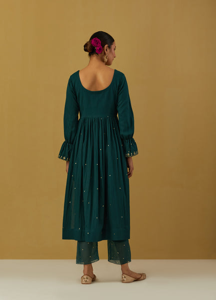 Green Cheese Cotton Embroidered Anarkali with Pants and Dupatta