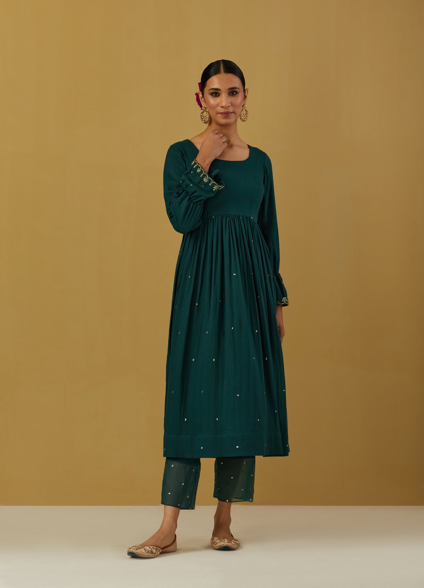 Green Cheese Cotton Embroidered Anarkali with Pants