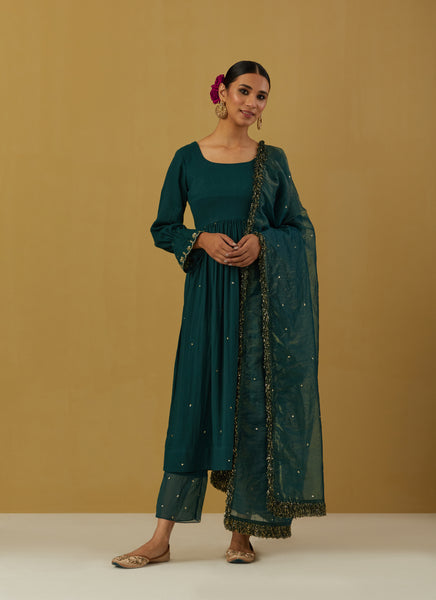 Green Cheese Cotton Embroidered Anarkali with Pants and Dupatta