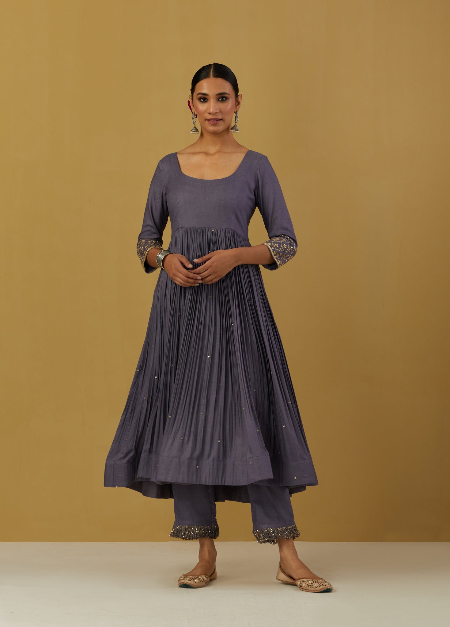 Blue Cheese Cotton Embroidered Anarkali with Pants