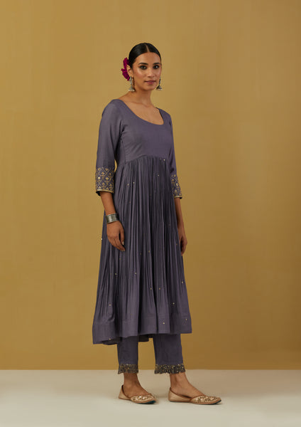 Blue Cheese Cotton Embroidered Anarkali with Pants