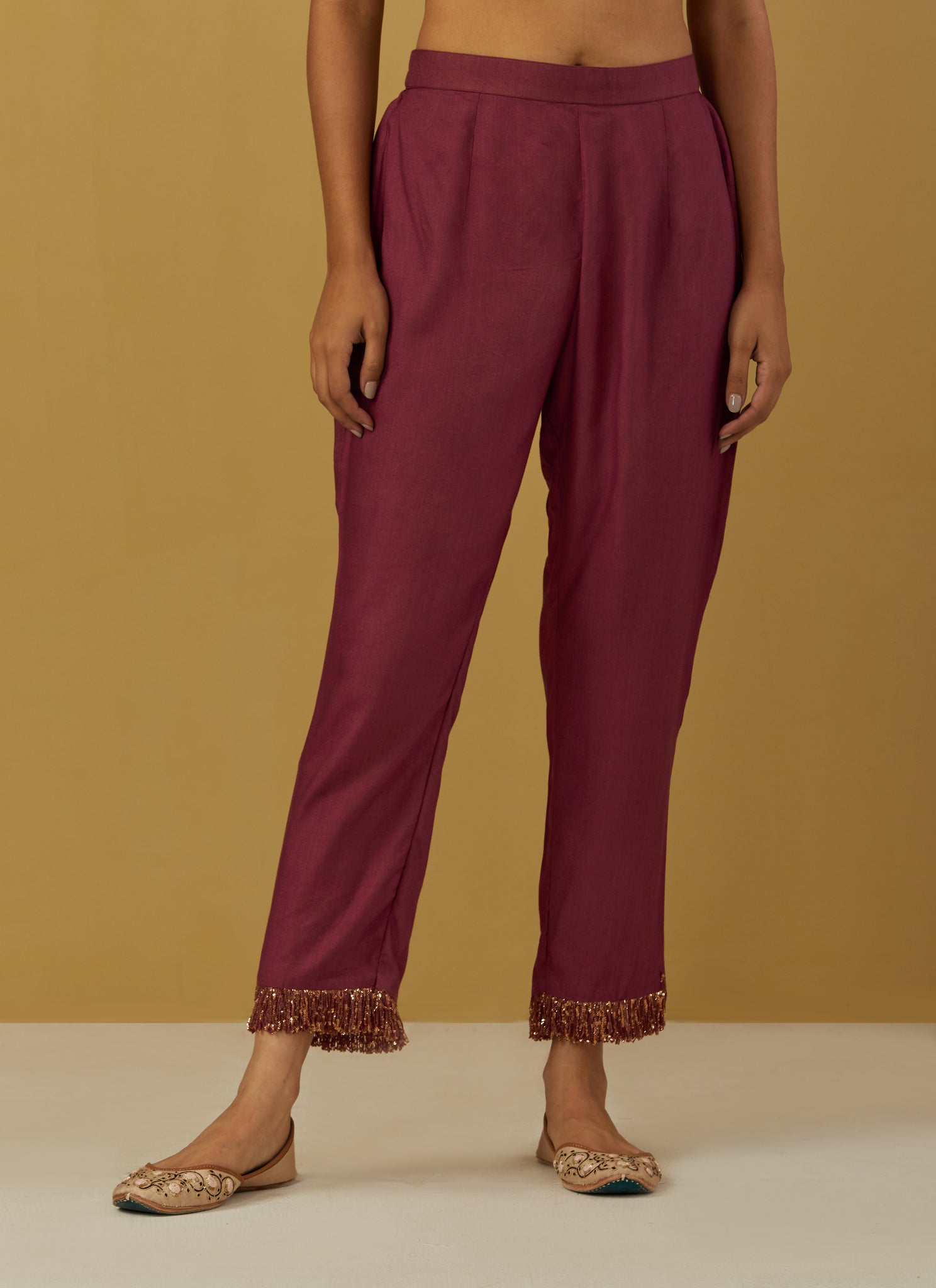 Maroon Cheese Cotton Pants with Lace