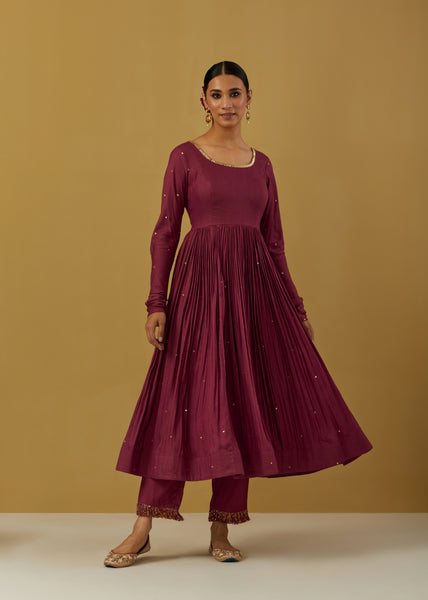 Maroon Cheese Cotton Embroidered Anarkali with Pants and Dupatta