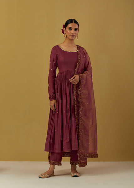 Maroon Cheese Cotton Embroidered Anarkali with Pants and Dupatta