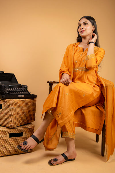 Mustard Yellow Chanderi Silk Suit with Straight Pant and Sequence Work Dupatta