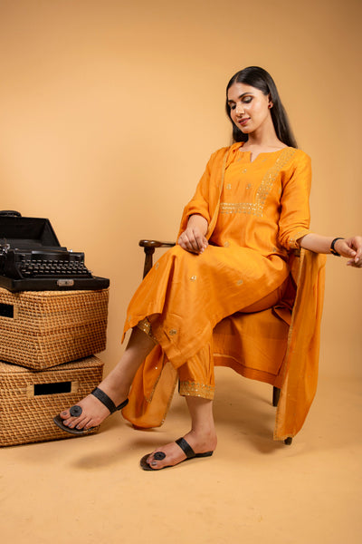 Mustard Yellow Chanderi Silk Suit with Straight Pant