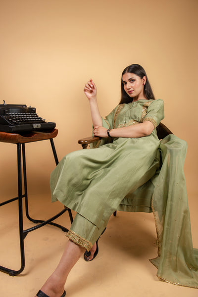 Pastal Green Chanderi Silk Suit with Straight Pant and Sequence Work Dupatta