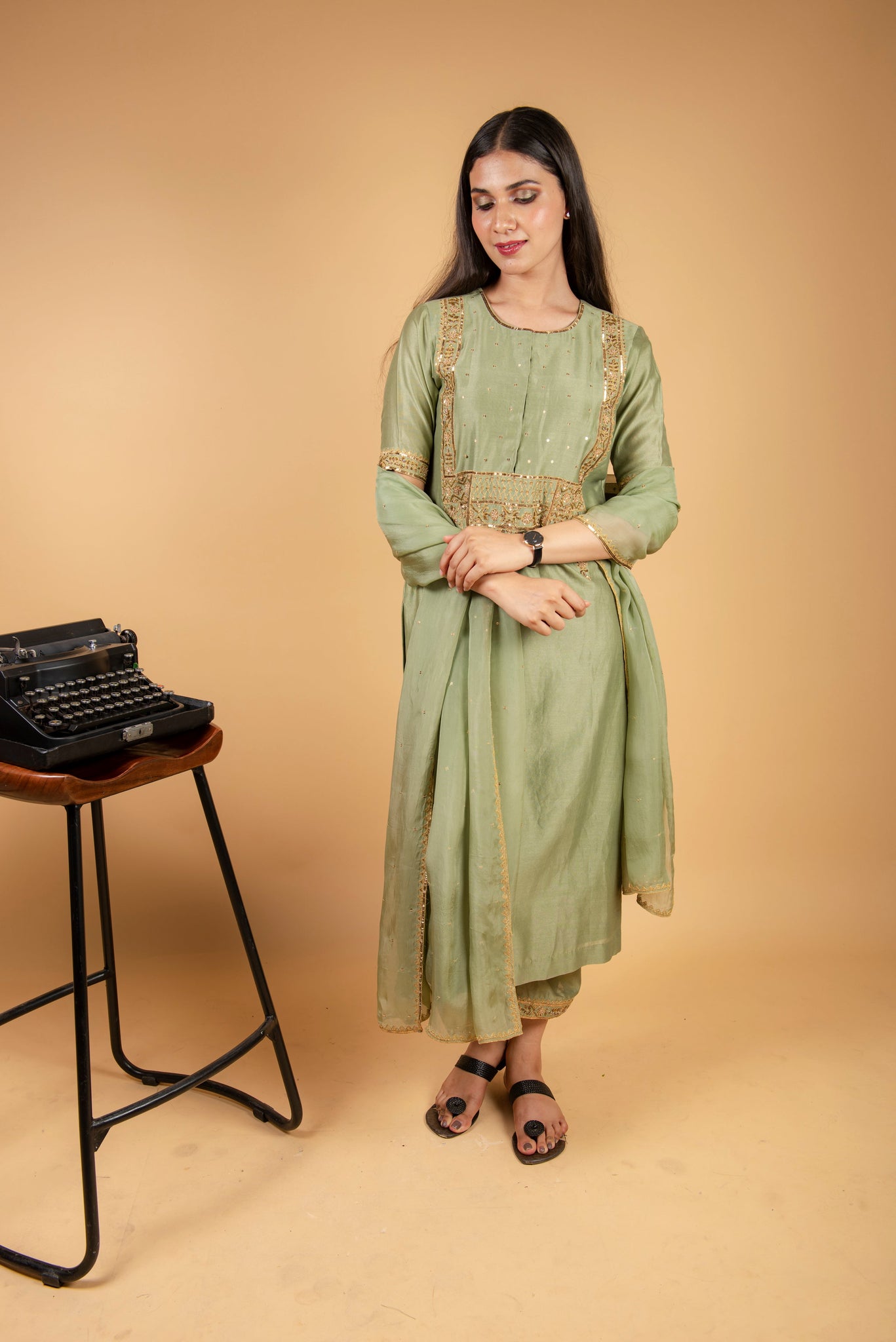 Pastal Green Chanderi Silk Suit with Straight Pant