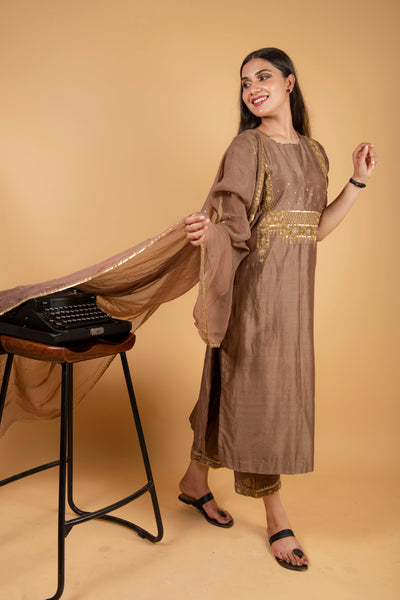 Brown Chanderi Silk Suit with Straight Pant