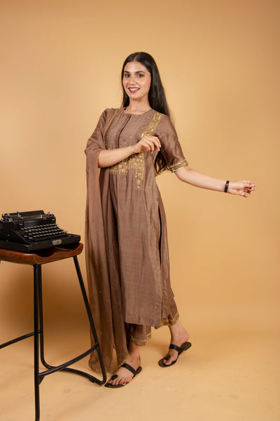 Brown Chanderi Silk Suit with Straight Pant