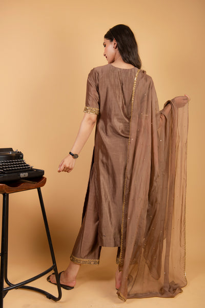 Brown Chanderi Silk Suit with Straight Pant and Sequence Work Dupatta