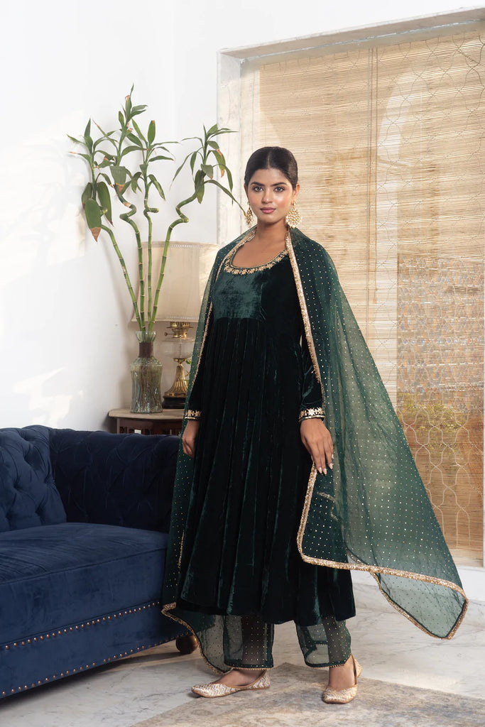 Shop Dark Green Anarkali Suit Set With Floral Dupatta Online in USA – Pure  Elegance