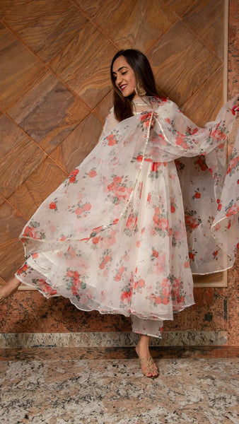 RED AND WHITE FLORAL ORGANZA ANARKALI SET