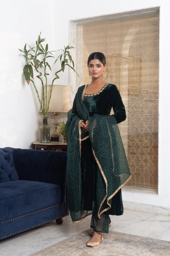 Dani Heavy Faux Georgette With Chain Stitch And Stone Work Anarkali Suit  Rama Green Color DN 4001