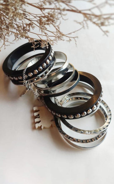 Silver Flat Metal Stackables With Studded Resin Black Bangles
