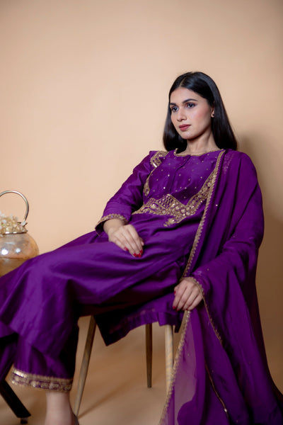 Purple Chanderi Silk Suit with Straight Pant