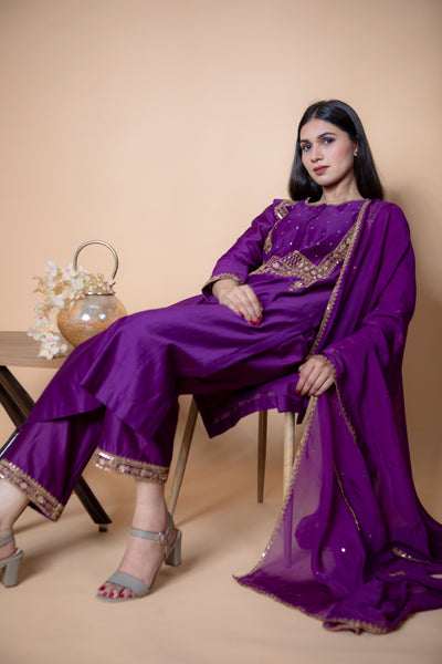 Purple Chanderi Silk Suit with Straight Pant and Sequence Work Dupatta
