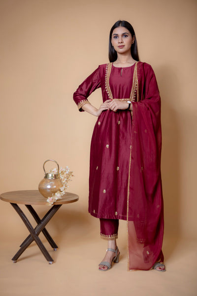 Maroon Chanderi Silk Suit with Straight Pant