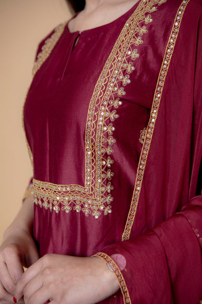 Maroon Chanderi Silk Suit with Straight Pant
