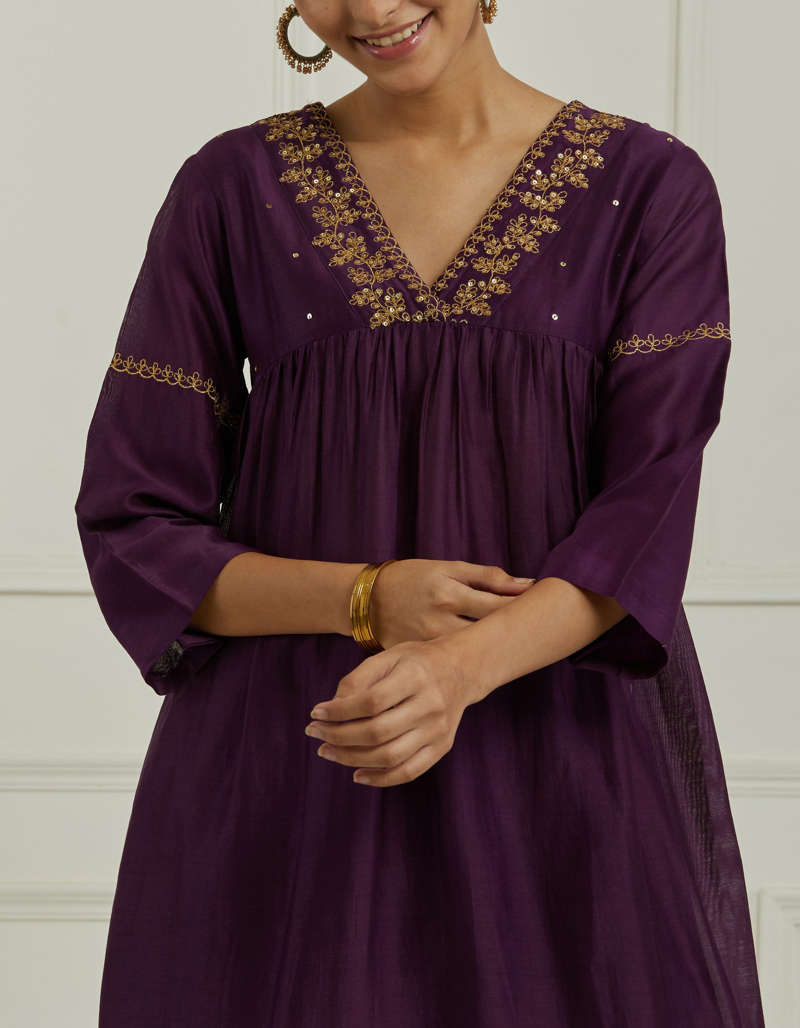 Purple embroidery chanderi kurta