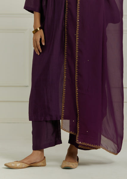 Purple embroidery chanderi kurta with pants  and dupatta