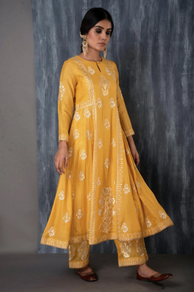 Sunehri Foil Printed Anarkali in Yellow - Set Of 3