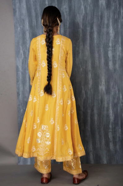 Sunehri Foil Printed Anarkali in Yellow - Set Of 3
