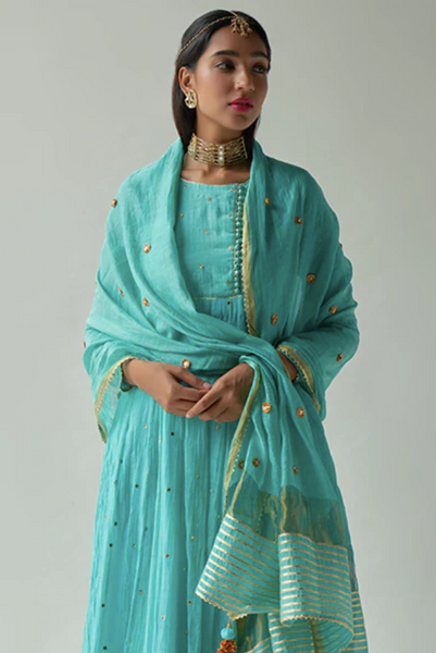 Chaand Turquoise Chanderi Anarkali With Flared Pallazo And Gota Flowers Dupatta-Set Of 3