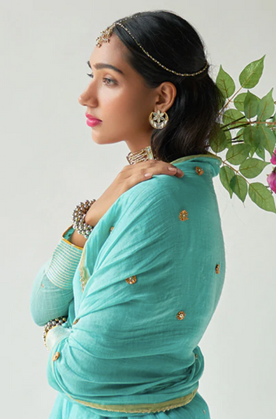 Chaand Turquoise Chanderi Kurta With Solid Chanderi Skirt And Gota Flower Dupatta - Set Of 3