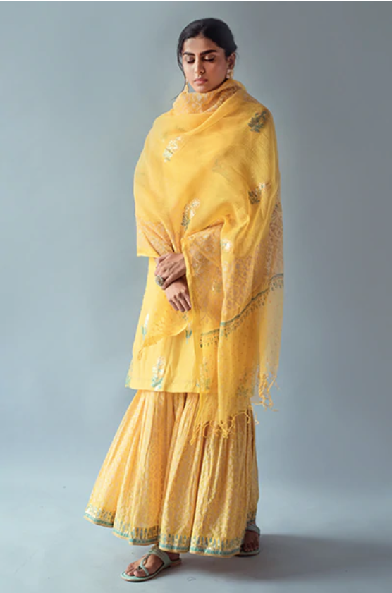 Sunehri Yellow Foil Printed Kurta with Sharara and Printed Dupatta