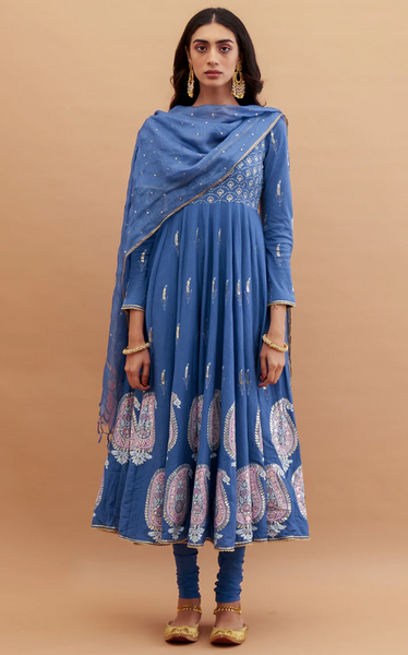 Rumi foils - Cobalt Blue Block printed Anarkali with churidar and dupatta