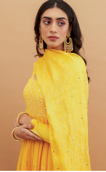 Rumi foils - Mustard Yellow Block printed Anarkali with churidar and dupatta