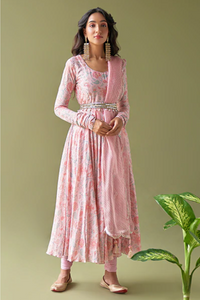 Ulfat Pink Floral Anarkali Chooridar Set with Lehariya Dupatta and Belt