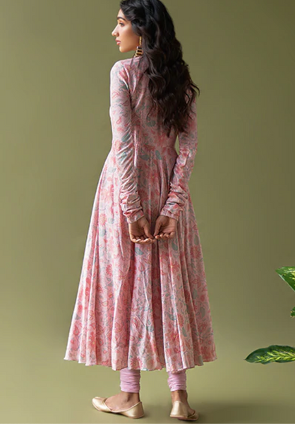 Ulfat Pink Floral Anarkali Chooridar Set with Lehariya Dupatta and Belt