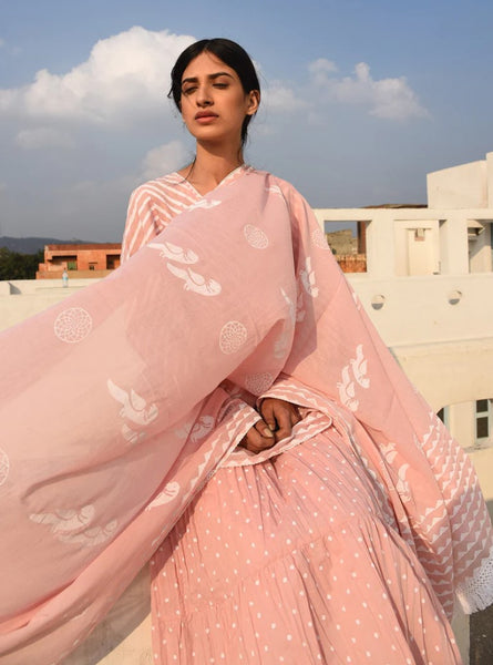Zahrah 2.0 Pink Khari Block Print Anarkali Suit Set - Set Of 3