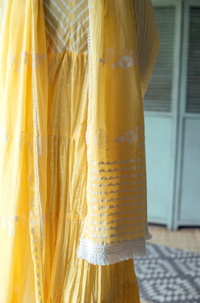 Zahrah 2.0 Yellow Khari Block Print Anarkali Suit Set - Set Of 3