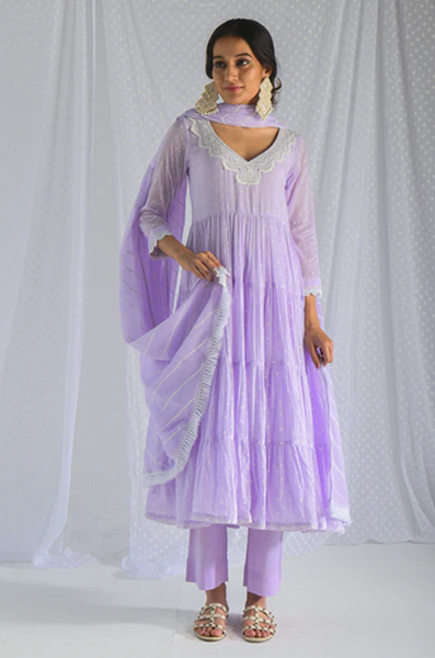 Chhaya Lace Neckline Lilac Dot Printed Anarkali Kurta With Palazzo And Lehariya Dupatta - Set Of 3