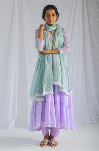 Chhaya Lilac Dot Printed Anarkali With Pant And Lehariya Dupatta - Set Of 3