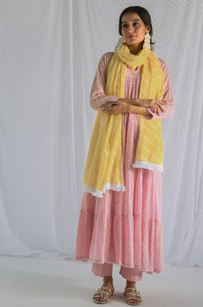 Chhaya Soft Pink Dot Printed Anarkali With Pant And Lehariya Dupatta- Set Of 3