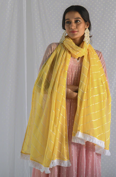 Chhaya Soft Pink Dot Printed Anarkali With Pant And Lehariya Dupatta- Set Of 3