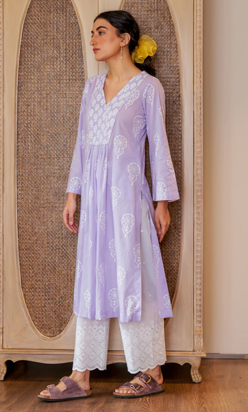 DAISY 2 LILAC FLORAL PRINTED KURTA WITH PALAZZO AND SCARF- SET OF 3